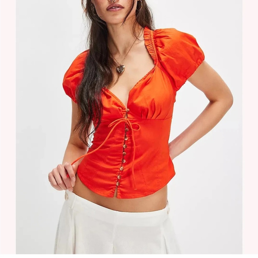 FreePeople Bright Orange Women's Button-Front Tie-Detail Top